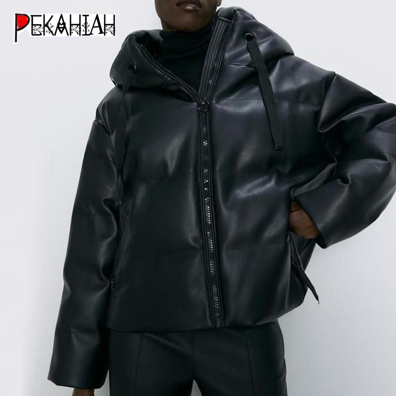 Winterjas Vrouwen Parka Vintage Zwart Lederen Jassen Streetwear Vrouwelijke Puffer Jas Koreaanse Kapmantel