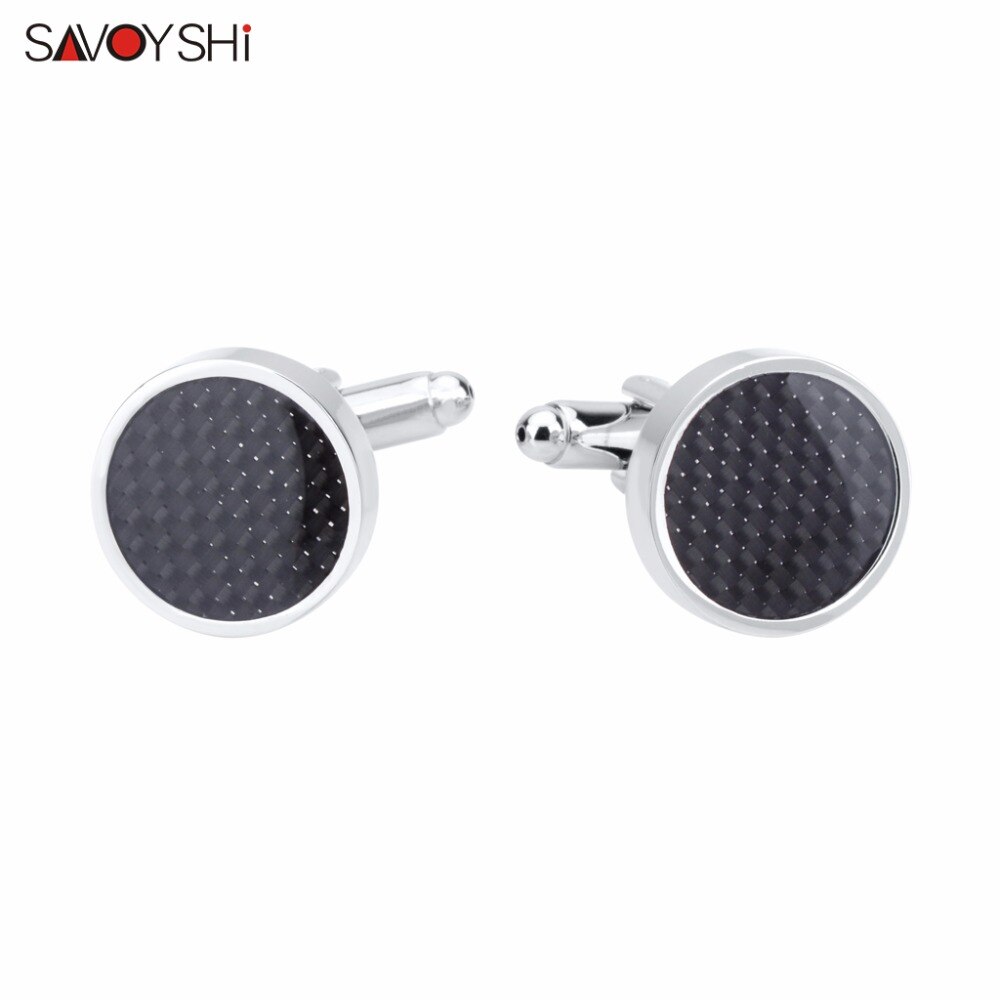 SAVOYSHI Black Carbon Fiber Cufflinks for Mens Shirt Cuff buttons Round Silver color Cuff link Brand Men Jewelry