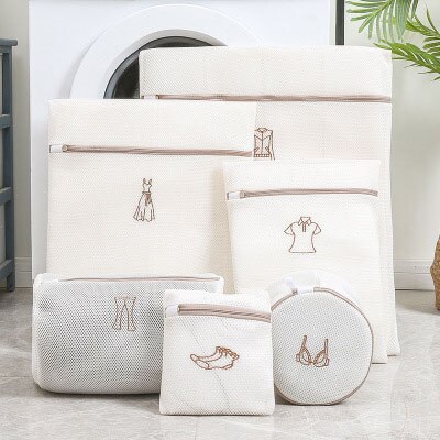 6pcs/Set Bathroom Embroidered Laundry Bag Household Washing Machine Storage Mesh Bag Thick Korean Wash Bag Laundry Tools: Beige-6pcs