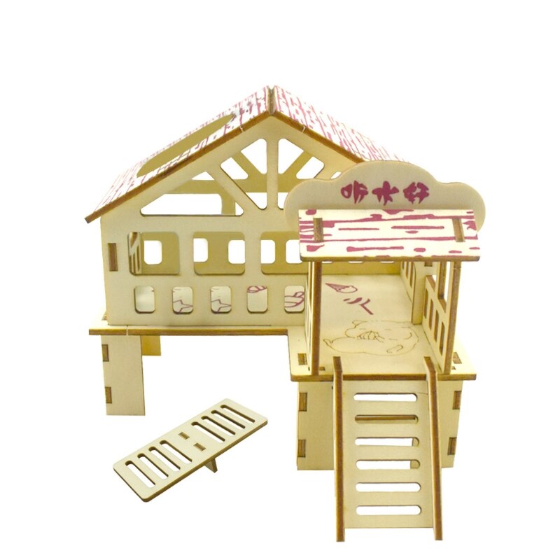 Hamster Hideout Houten Hut Kleine Dieren Dubbellaags Villa Rat Kamer Huis Kooi Oefening Speelgoed Met Ladder Board: H