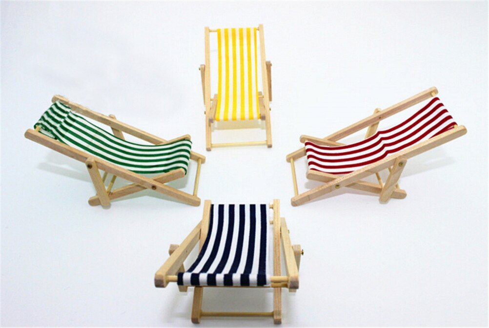 Silla plegable de madera a escala 1:12, casa de muñecas de playa para tumbona,