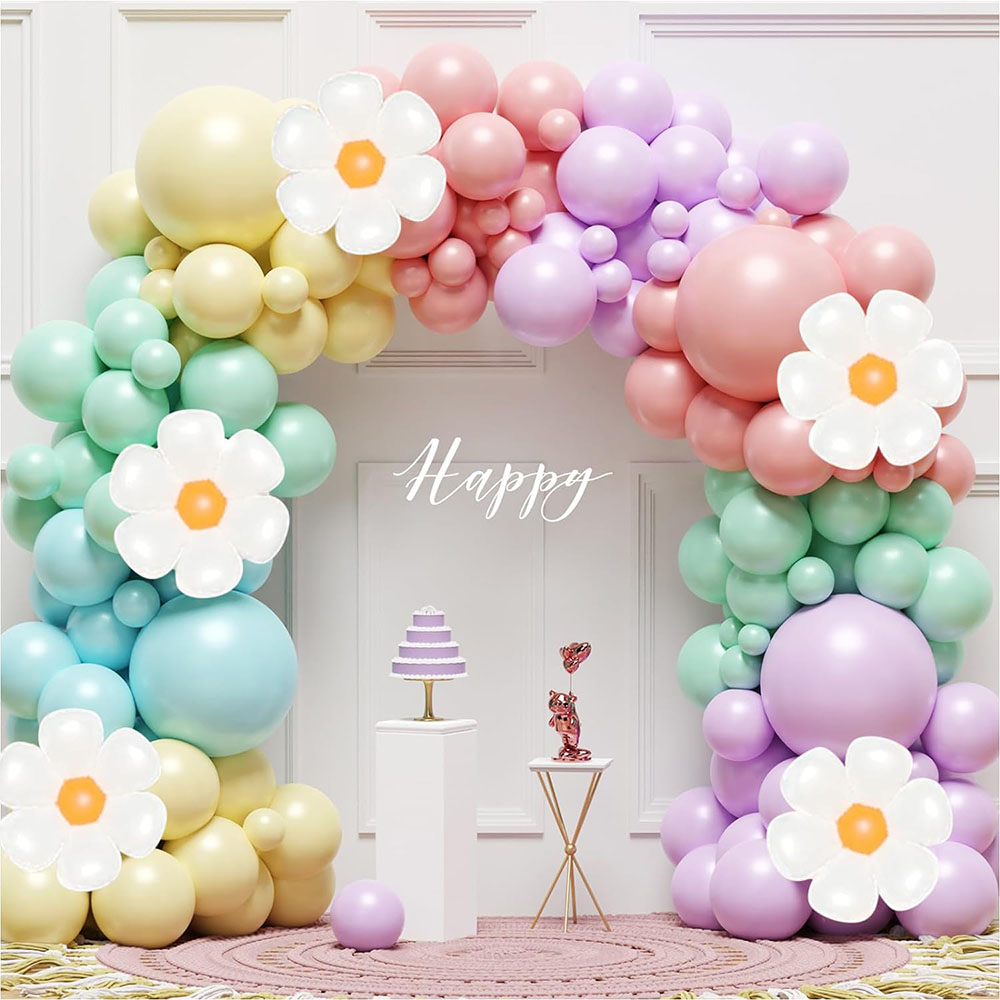 Juego de arco de guirnalda de globos de margaritas, 136 piezas, flores blancas de , macarrón, rosa, amarillo, azul, morado, globo, tema de Margarita de cumpleaños, boda, dos decoraciones bohemias de para fiestas