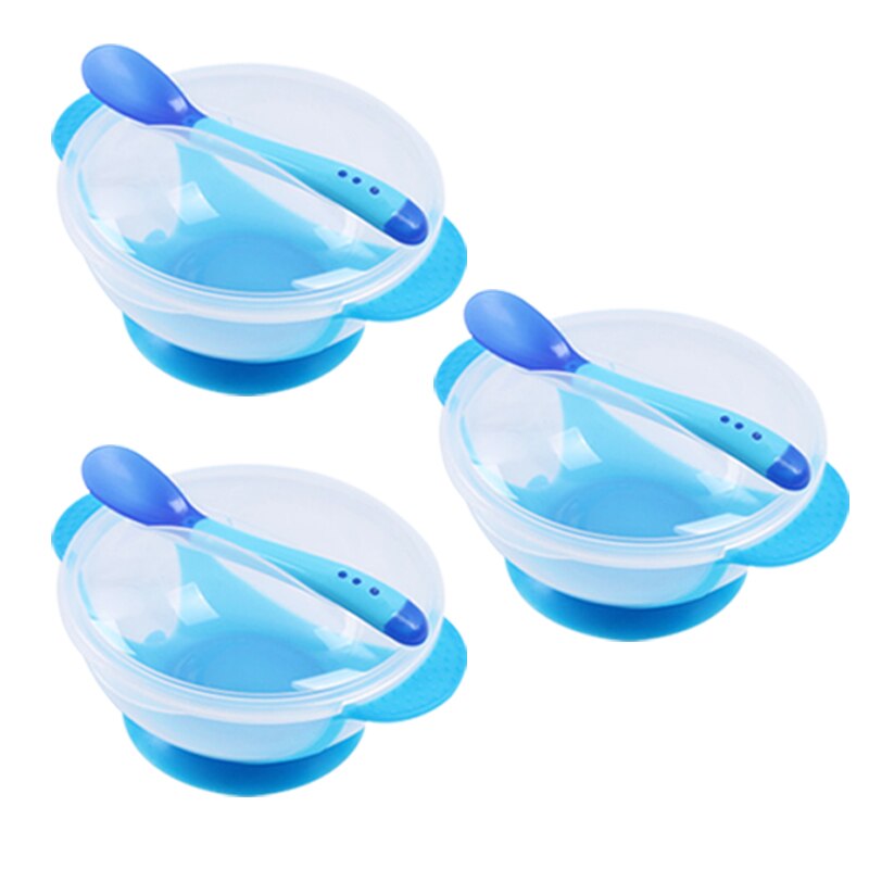 3set Temperature Sensing Feeding Spoon Child Tableware Food Bowl Learning Dishes Plate Suction Cup Baby Dinnerware Set: Blue Cover