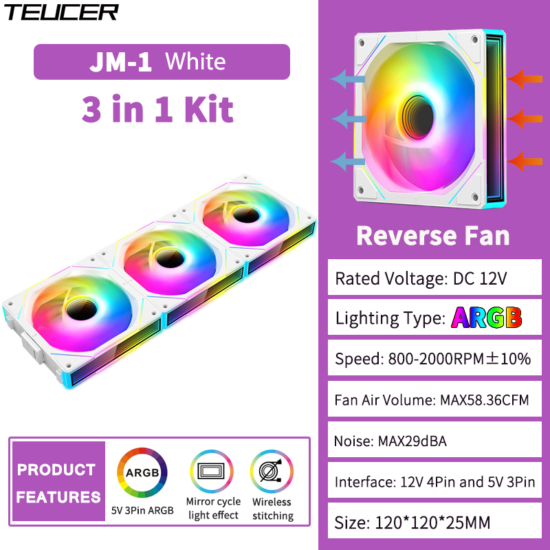 TEUCER JM-1 Computerkast Fan ARGB Spiegel Cyclus Lichteffect 120mm 4Pin PWM PC Koelventilator Geluidsarm Waterkoeling Ventilador: Roze