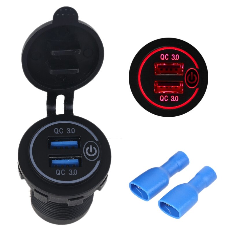 Adaptateur de chargeur de voiture étanche 12V 24V double QC3.0 USB, avec interrupteur tactile marche/arrêt, pour téléphone portable, GPS, camion, SUV, bateau et Bus: Red