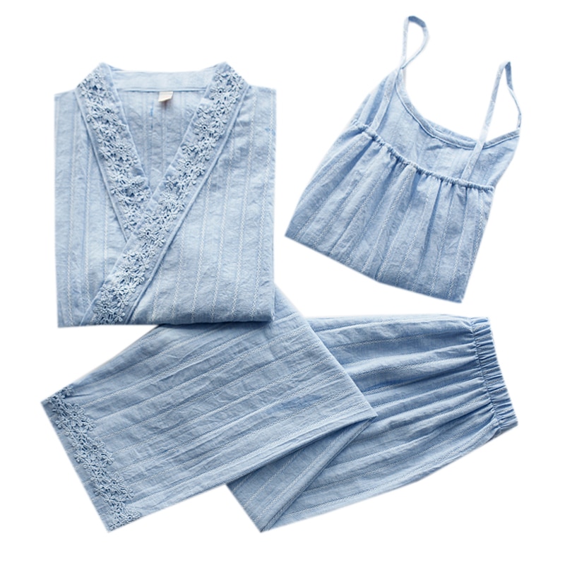 Japanse kimono lente en herfst katoenen damesbroek met lange mouwen bretels driedelig huispak pyjamapak zomer