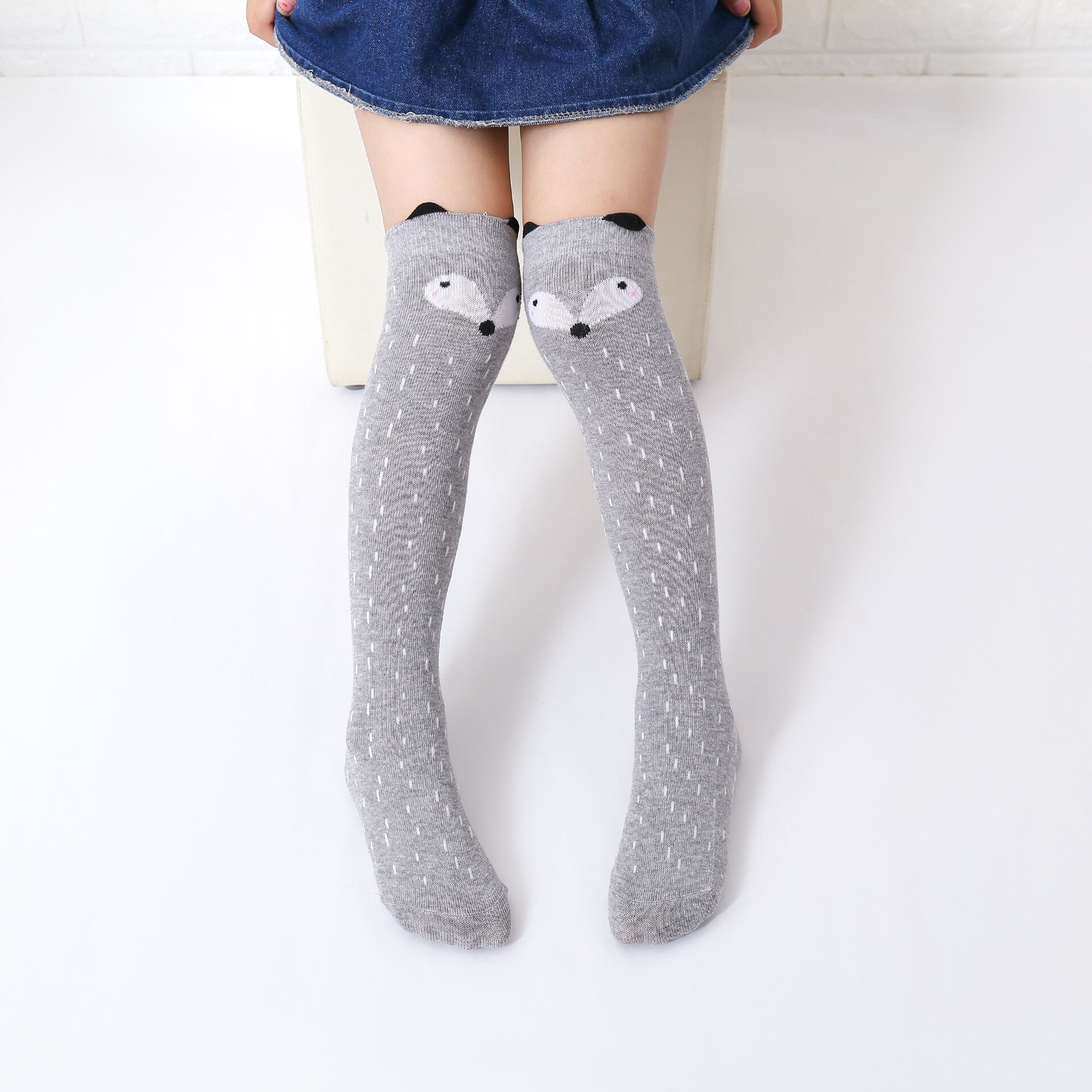 Baby ting tilbehør spædbørn børn baby piger drenge strømpe tegneserie dyr lang leggingsvarmer 3d ører strømpehus til 3-12t: Grå ræv