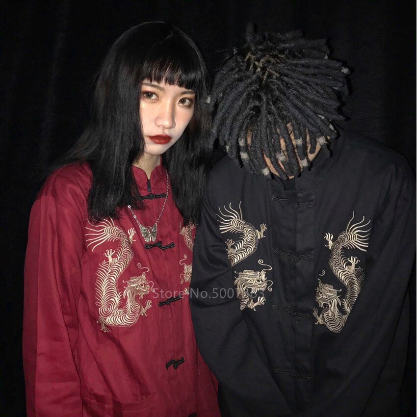 Ropa tradicional china de Bordado de dragón, chaqueta Tang para mujer y hombre, ropa elástica, Kimono, blusa Vintage, Top para parejas,
