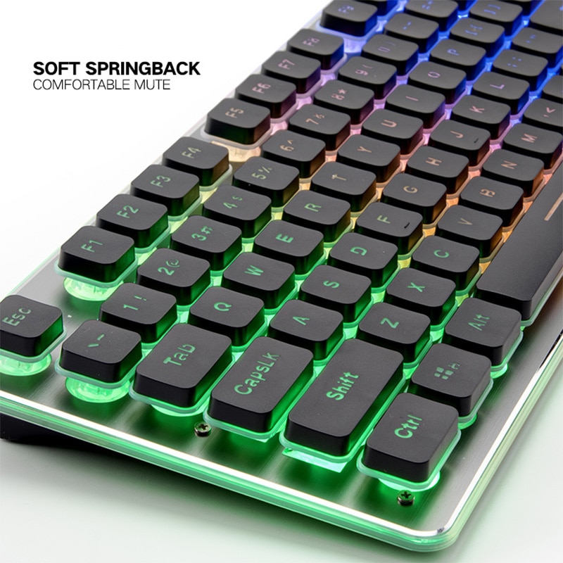 Gaming Keyboard Colorful LED Quiet Keyboard All-Metal Panel USB Wired Anti-ghosting Computer 104 Keys