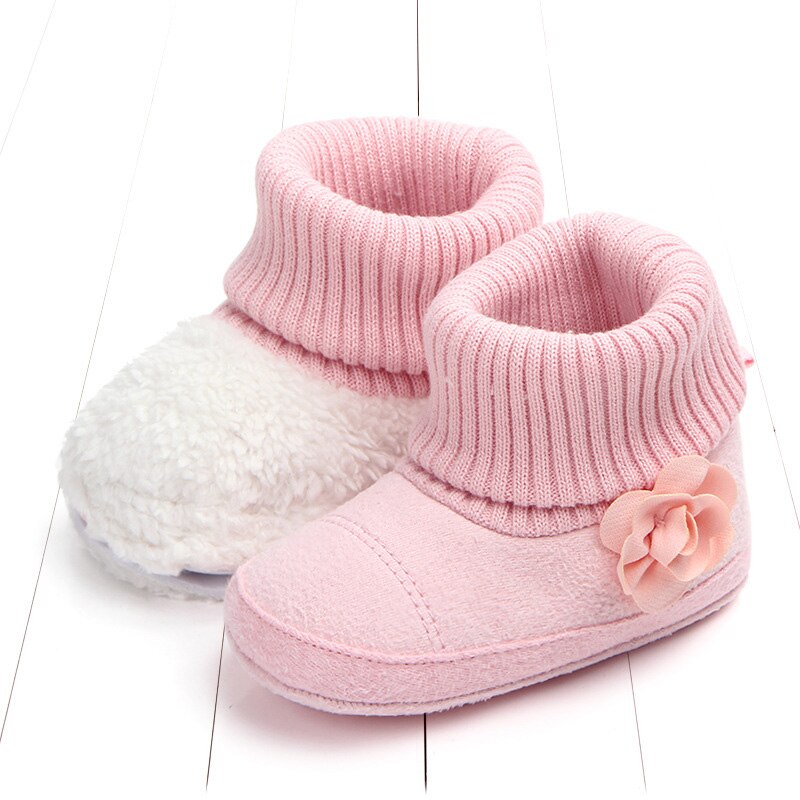 Thinck Lange Pluche Baby Peuter Meisje Snowboots Winter Baby Schoenen Leuke Bloem Zachte Katoen Breien Antislip Warm meisjes Laarzen: pink / 0-6 months