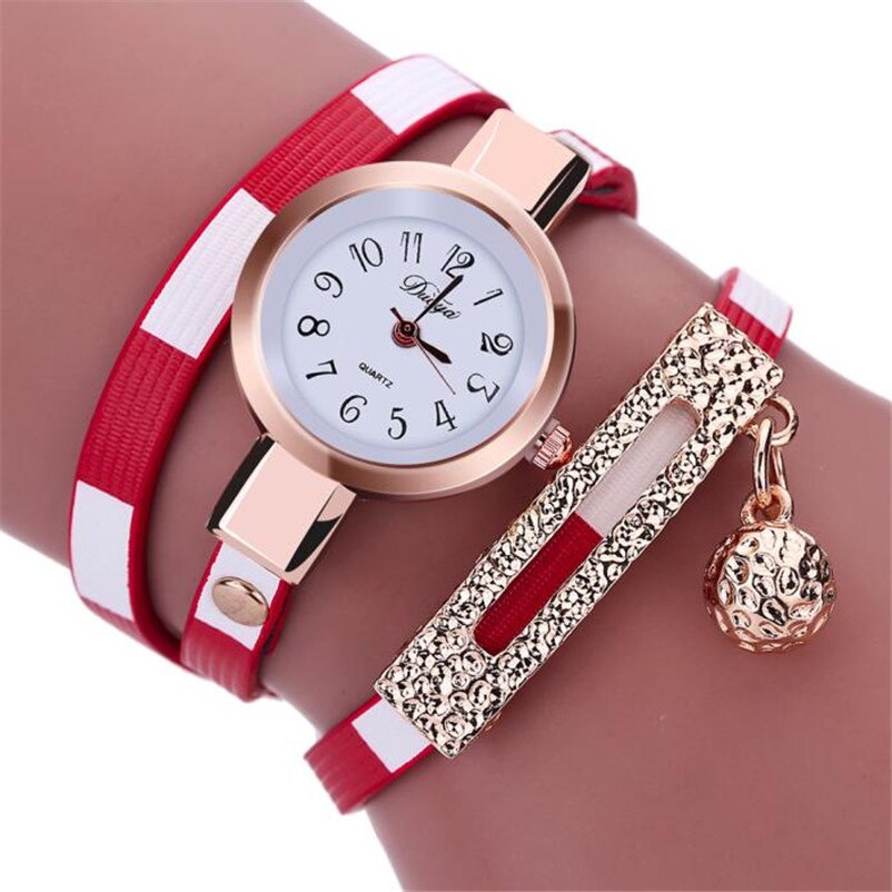 Egelant kvinders armbåndsure charme wrap around læderoid kvarts armbåndsur ur kvinder kjole relogios feminino  p30: Rød
