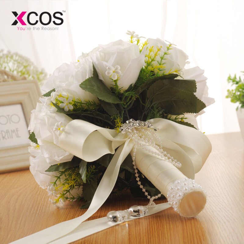 XCOS Kunstmatige Witte Bloem Boeket Bruidsboeket de mariage Handgemaakte Bladeren Parel Bloemen Bruidsmeisje Bruidsboeketten