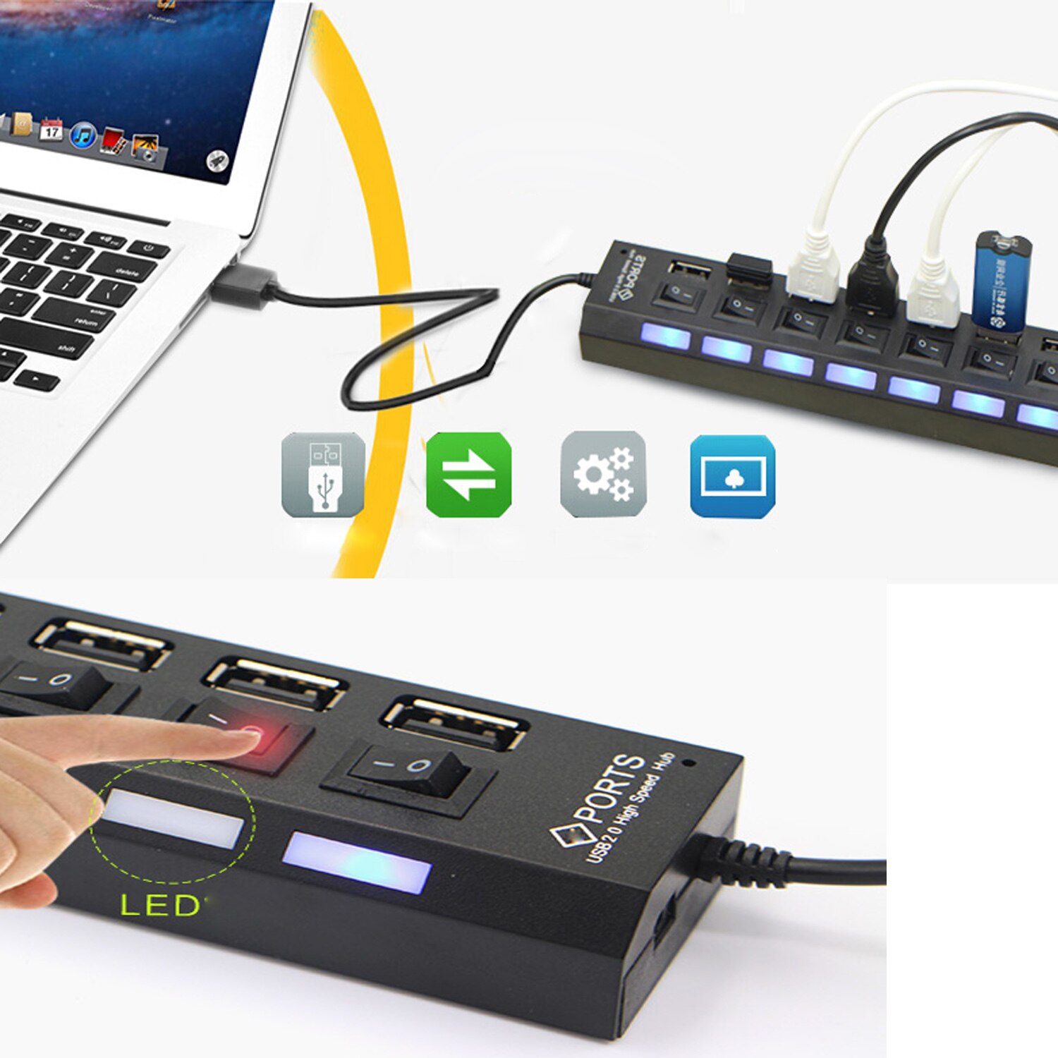 VONETS 7-Port Multi USB 2.0 Hub Power Adapter splitter Oplader met Individuele Schakelaar En LED Licht voor PC laptop Computer