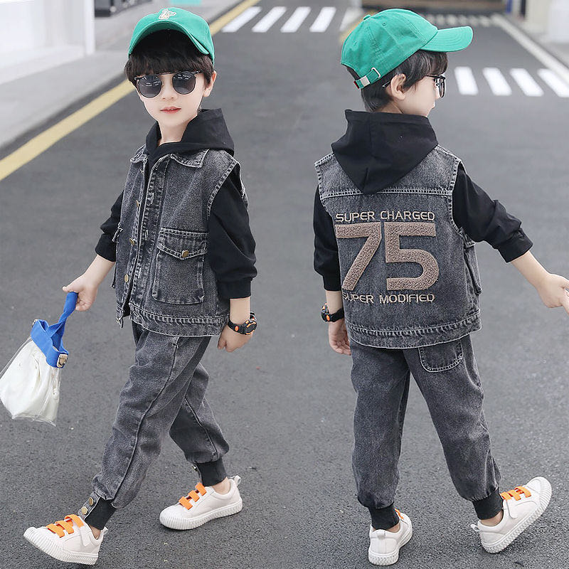 Kinderkleding Jongen Pak 2022 Kinderen Herfst En Winter Kleding 2 Stuk Set Jongen Mode Denim pak Vest + Broek