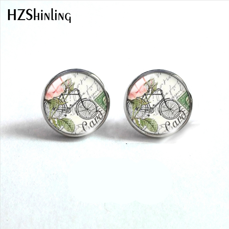 Pendientes de tuerca de vidrio de acero inoxidable para bicicleta, joyería de de oreja de cabujón de vidrio, libro de flores Vintage: Blanco / Bronce antiguo plateado