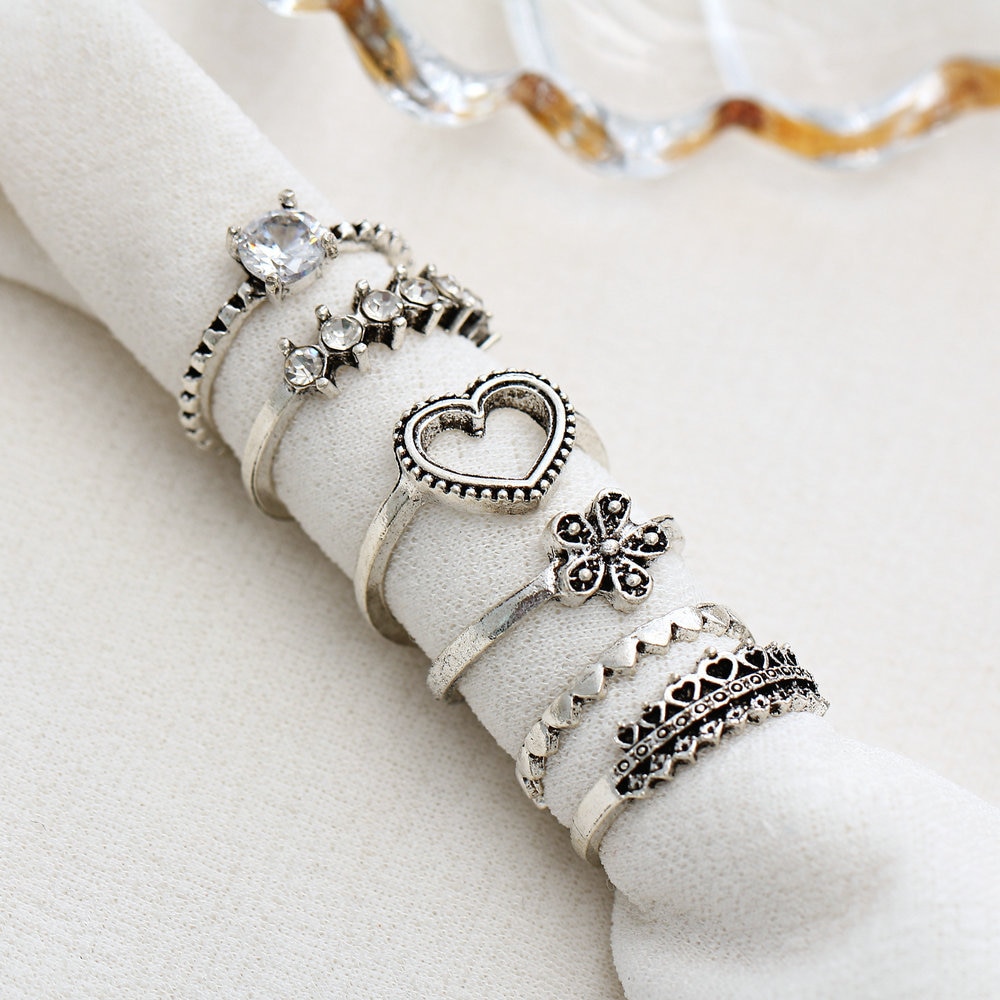 5/12 stücke Antike Silber Blume Ringe setzt Pfeil Blatt Geschnitzte Ringe setzt Strass Krone Herz Knöchel Ringe für Frauen Schmuck