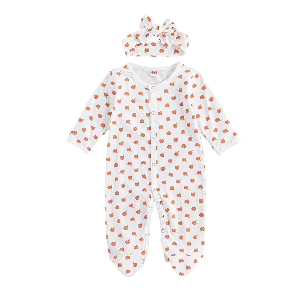 0-12M Pasgeboren Baby Baby Meisjes Jongens Katoen Voet Cover Footies Bloem Apple Lange Mouwen Jumpsuit Lente Herfst speelpakje Hoofdband: WHITE / 12m