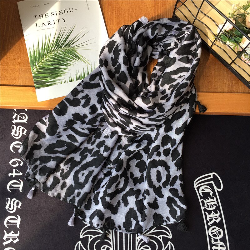 Bufanda de leopardo negra y gris, abrigo largo cálido con estampado de leopardo, chal de viscosa, redecilla para el cuello, Bufandas, pañuelo Apaszka,