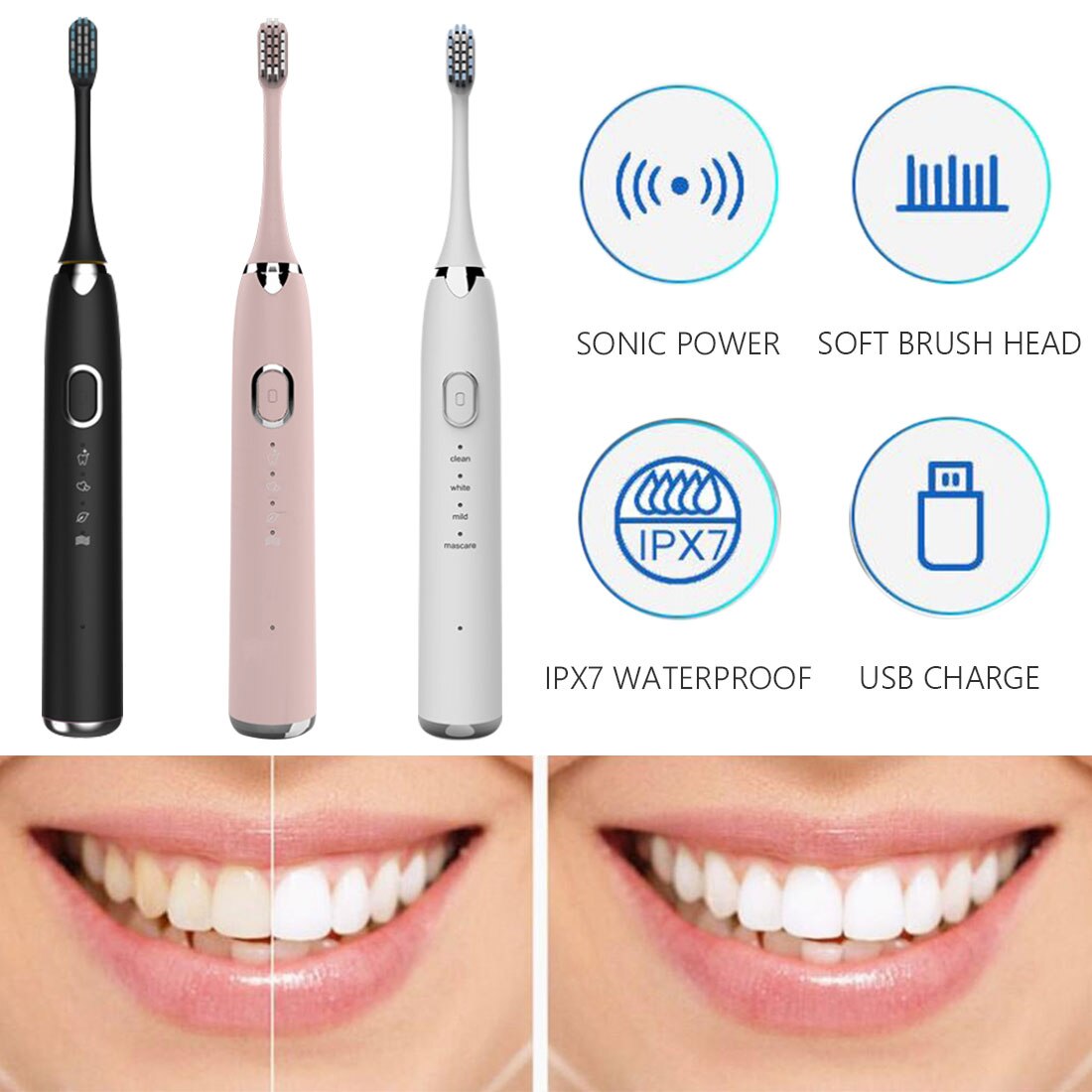 Sonic Elektrische Tandenborstel 4 Modes Usb Aangedreven Reizen Waterdichte Toothbruhs Automatische Volwassenen