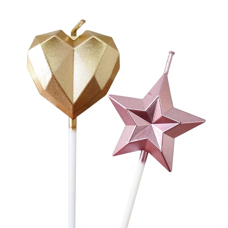 1 Pcs/ Love Diamond Shaped Gilded Cake Candle Safe Flames Kids Birthday Party Wedding Cake Candle Home Decoration Favor Supplies