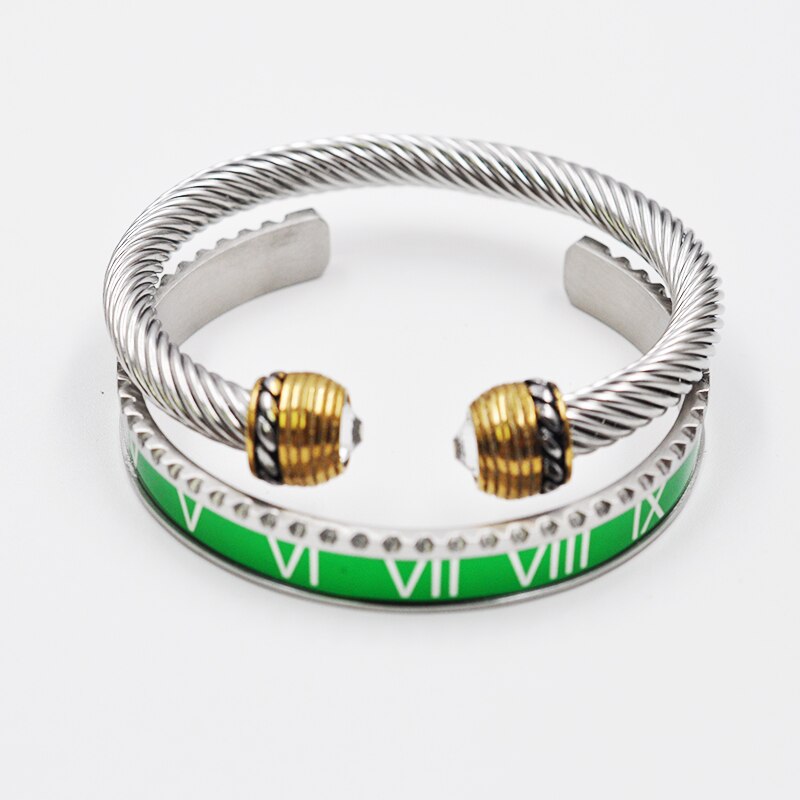 Outdoor Black Roman Numeral Bracelet Men's Cable Wire Rope Bracelet Stainless Steel Men Bangles Punk Street Jewelry Accessories: Set Gold  Green