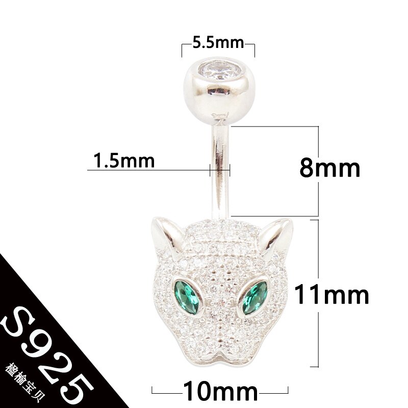 Bauchnabel ring 925 sterling silber leopard kopf körper schmuck S925 zirkone klar verhindern allergie nickel freies körper piercing: PIN length 8mm