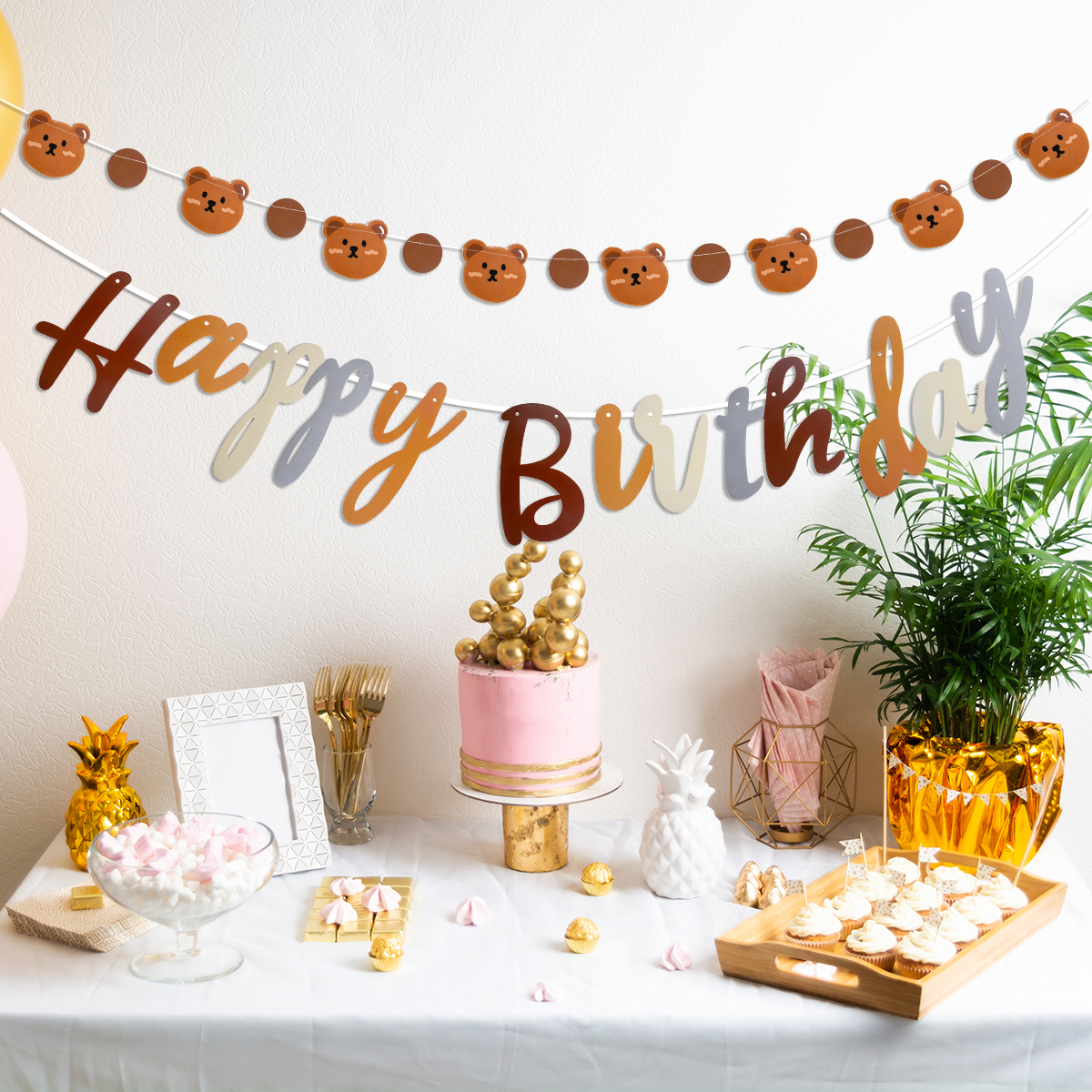 Cute bear Happy Birthday paper Banner Cartoon bear Garland flag wall hanging Bear Themed baby shower kids Birthday Party Decor