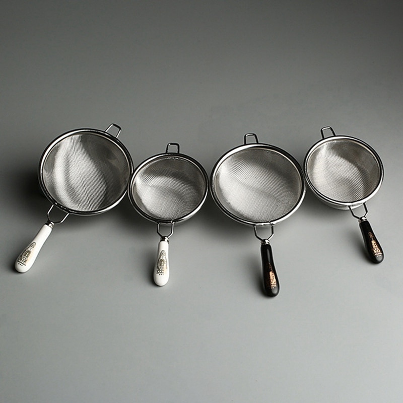 Vintage Chinese Tea Infuser Stainless Steel Dual Mesh Tea Strainer Loose Leaf Tea Filter Ceramic Handle Tea Accessories