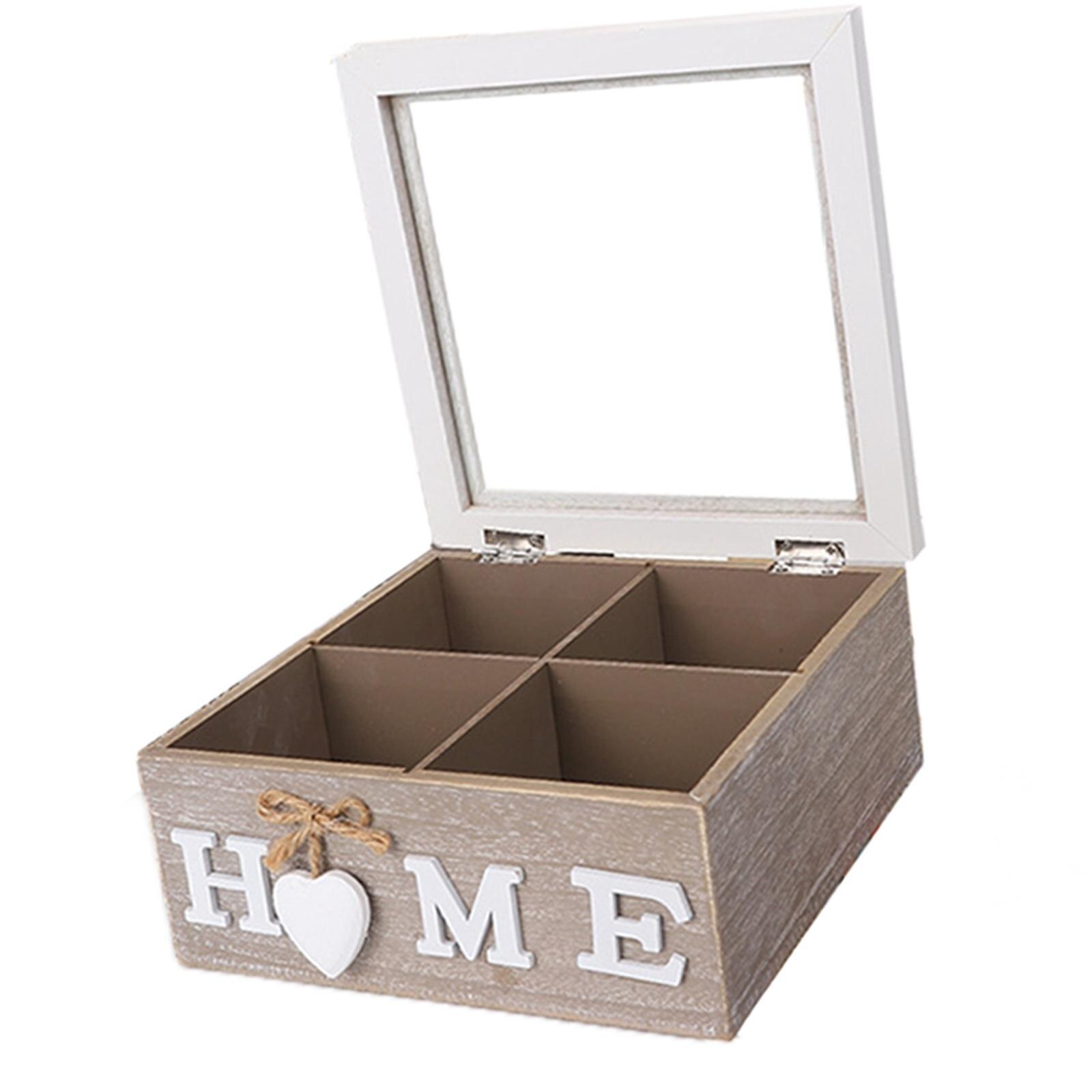 Rectangular Wooden Tea Storage Box with Viewing Window Desktop Container Jewelery Box for Sugar: 4 Grid