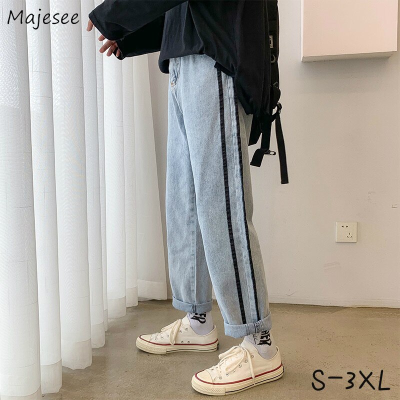 Jeans Men Denim Striped Plus Size 3XL Button Fly Ankle-length Straight Male Trousers Japanese Style Chic Streetwear