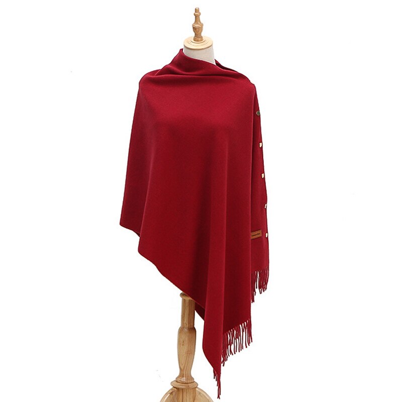 Luxe merk sjaal poncho dames kasjmier effen sjaal cape met knopen multifunctionele deken fular mujer: Wijn