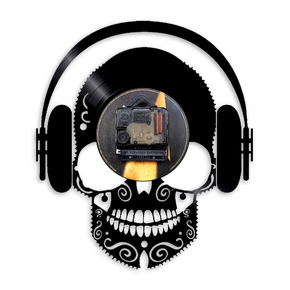 Skull Music Headphones DJ Wall Art Scary Skull Wearing Headphones Home Decor Musical Skull Vinyl Record Wall Clock Wall Watch