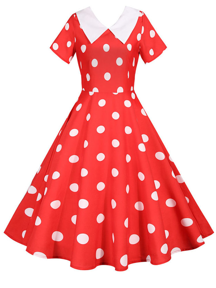 Robe d'été Vintage à pois pour femmes, col Peter Pan, ligne a, taille haute, manches courtes, élégante, vêtements rétro