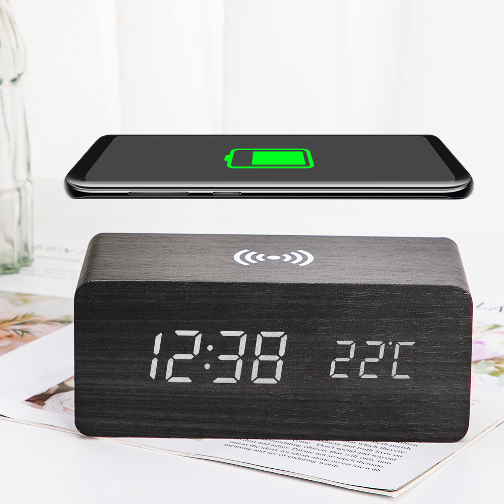 Wooden Alarm Clock With Qi Wireless Charging Pad Compatible With For Iphone Samsung Wood Led Digital Clock Sound Control Funct: Black Wood white