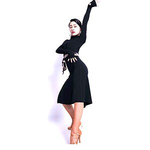 Latin Dans Jurk Vrouwen Lange Mouw Jurk Voor Ballroom Samba Tango Chacha Dancing Performamnce L9397: Black / XL