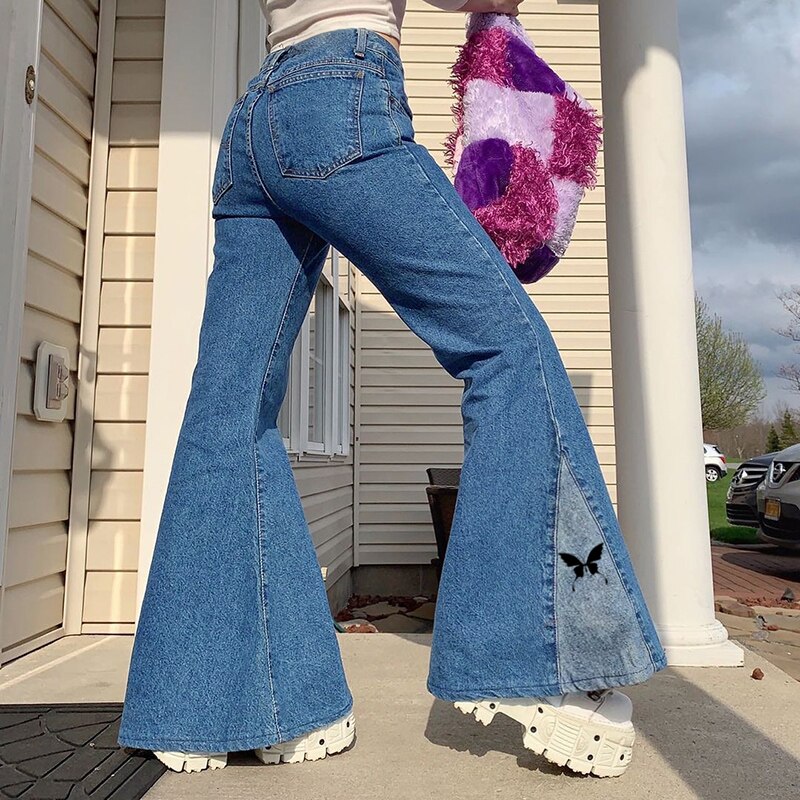Damskie patchworkowe nadruk z motylem spodnie jeansowe Vintage Cyber Y2k workowate jeansy rozkloszowane 90s spodnie Harajuku Jogger nowa, w stylu Streetwear