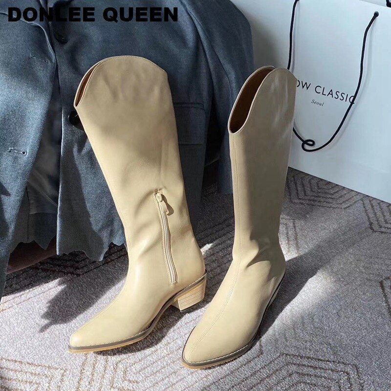 Herfst cowboylaarzen voor dames, hoge hakken, laarzen voor dames, western cowgirl laarzen, rits, halfhoge dikke sleehakken, winterlaarzen