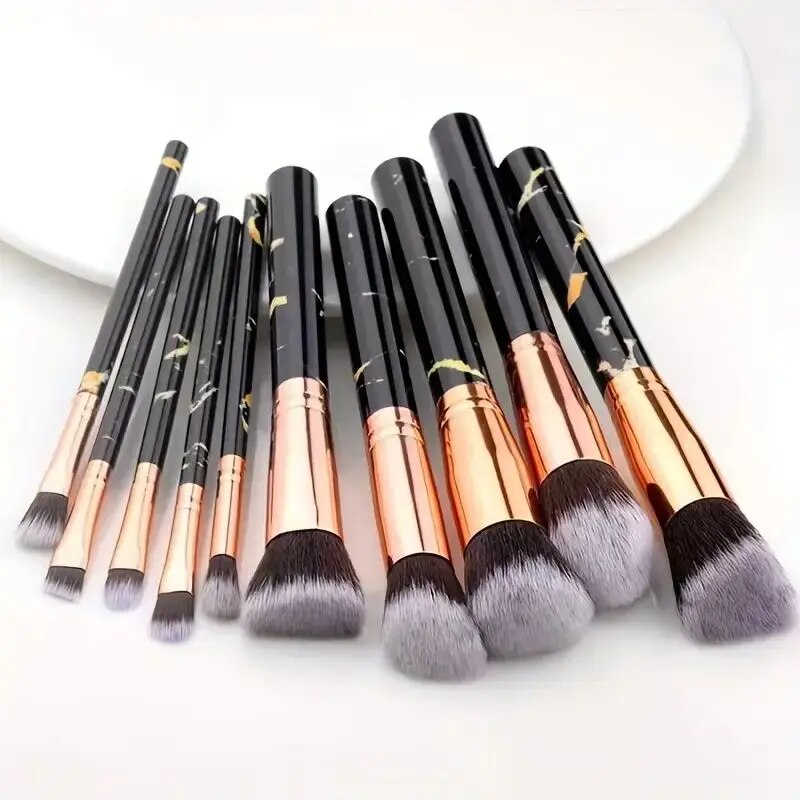 10 Uds. Brochas de maquillaje de mármol, base Kabuki sintética Premium, mezcla de polvos faciales, colorete, correctores, brochas para sombras de ojos