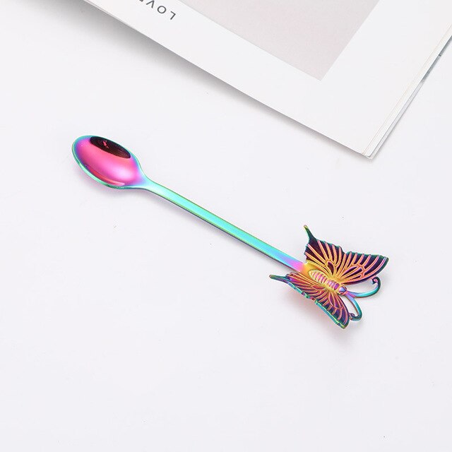 Dessert Cake Fork Stainless Steel Coffee Spoon Butterfly Fruit Fork Milk Shake Spoon Reusable Spoon Smoothie Spoon: Color-Spoon