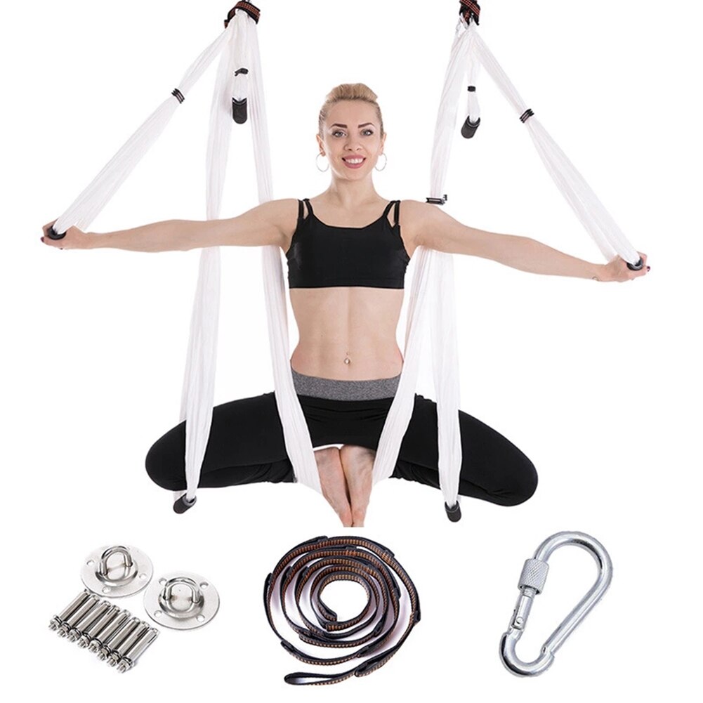 Full Set 2.5*1.5m Aerial Yoga Hammock Anti-Gravity Nylon Flying Swing Pilates Home GYM Hanging Belt Ceiling Plates: White