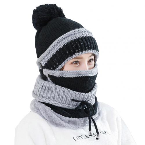 3 kpl talvinaiset paksuuntuvat lämmin neulottu pompon pipo hattu huivi kasvomaski setti joulu шапки шарфы варежки doitbest: Musta