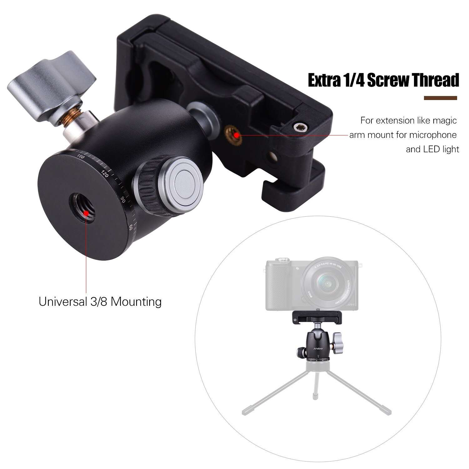 Andoer Statief Camera Ball Head 360 ° Swivel Roterende Met Telefoon Klem 1/4 Schroef 3/8 Montage Voor Camera Smartphones Bal hoofd