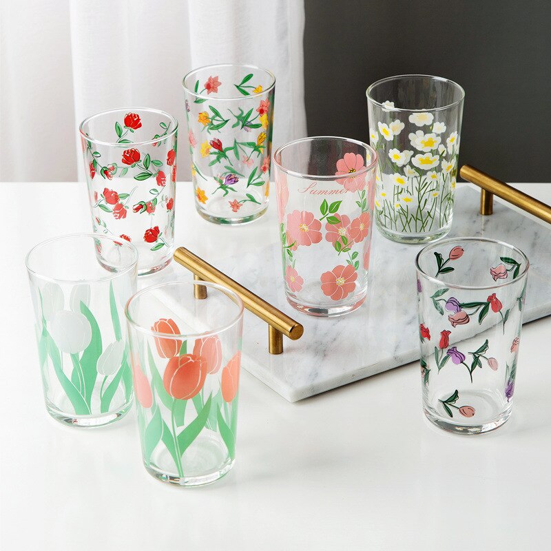 Verre à vin avec 7 motifs de fleurs, tulipe coréenne marguerite, tasse à jus de vin, impression de Rose Cosmos, gobelet , ensemble pour boisson, , 450ML