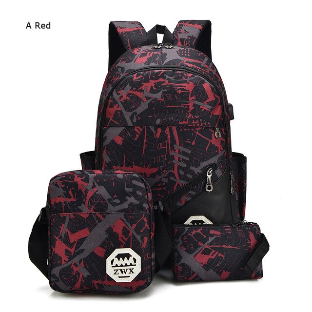 3 pièces/ensemble USB mâle sacs à dos lycée sacs pour femmes garçons une épaule grand étudiant voyage sac hommes école sac à dos mochila: red 2