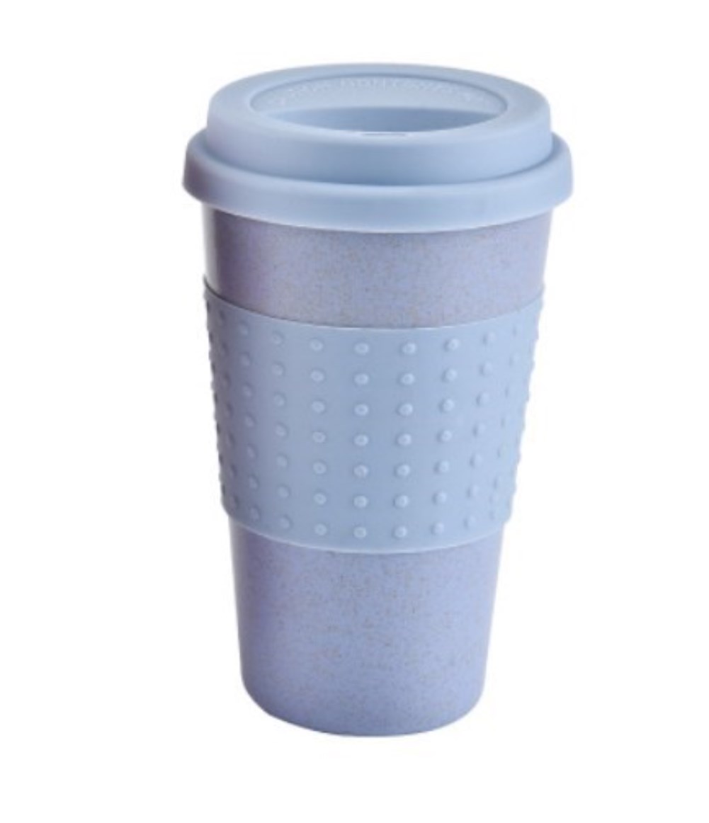 Genanvendelige bambusfiber kaffekopper pink blå prik miljøvenlig 3 farver 300ml bærbare kaffe te krus rejsekrus med låg: Blå