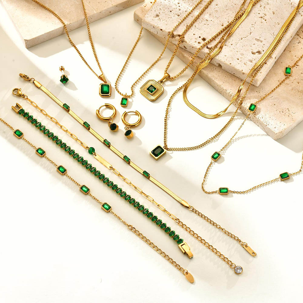 retro grüNe Zirkon Anhänger Halskette für Frauen, Kristallstein Kette Edelstahl vergoldet Luxus Geburtstagsgeschenke