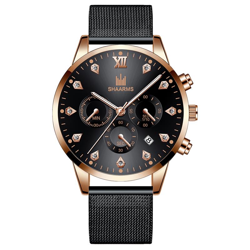 SHAARMS Men's Wristwatch Blue DialCasual Quartz Watch Stainless Steel Mesh Band Watch Date Clock Reloj Hombre: Rose Gold