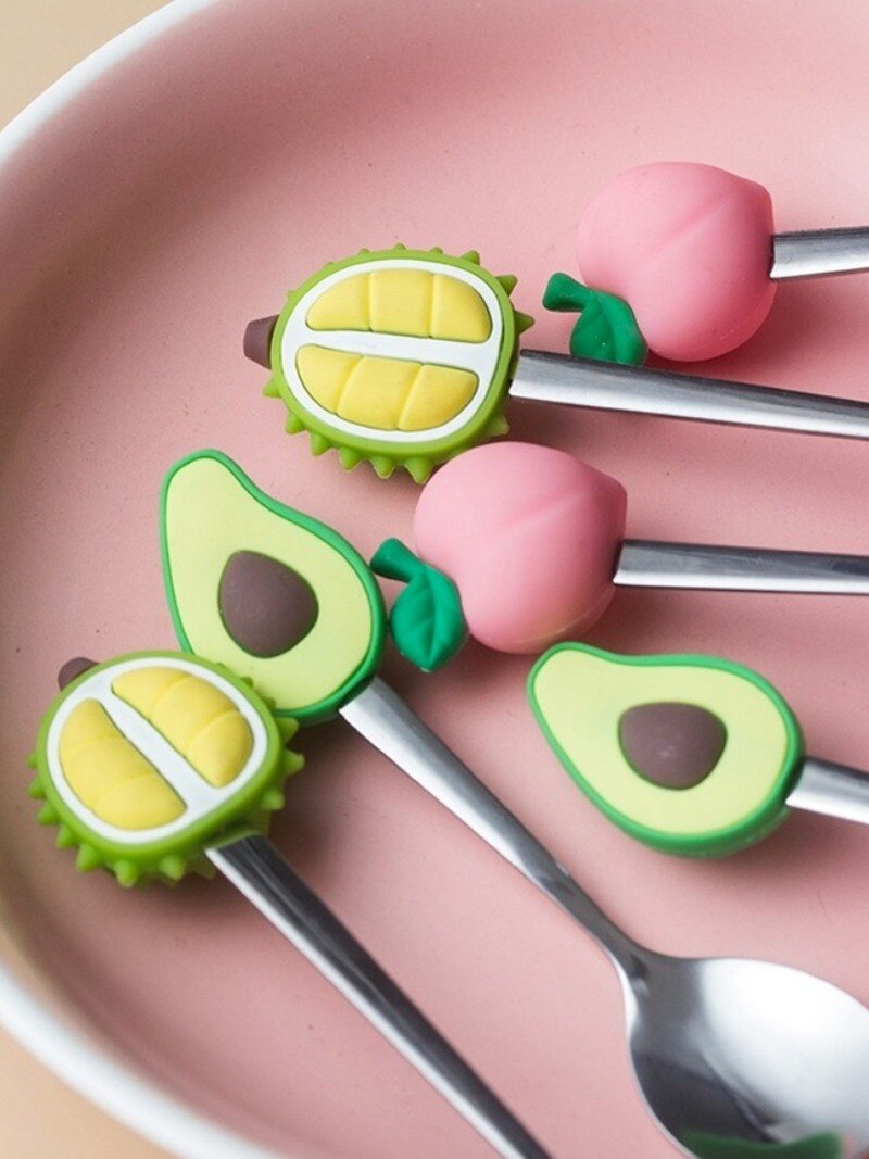 Fruit Shape Fruit Fork Spoon Silicone + Stainless Steel Fruit Fork Peach Durian Avocado Dessert Spoon