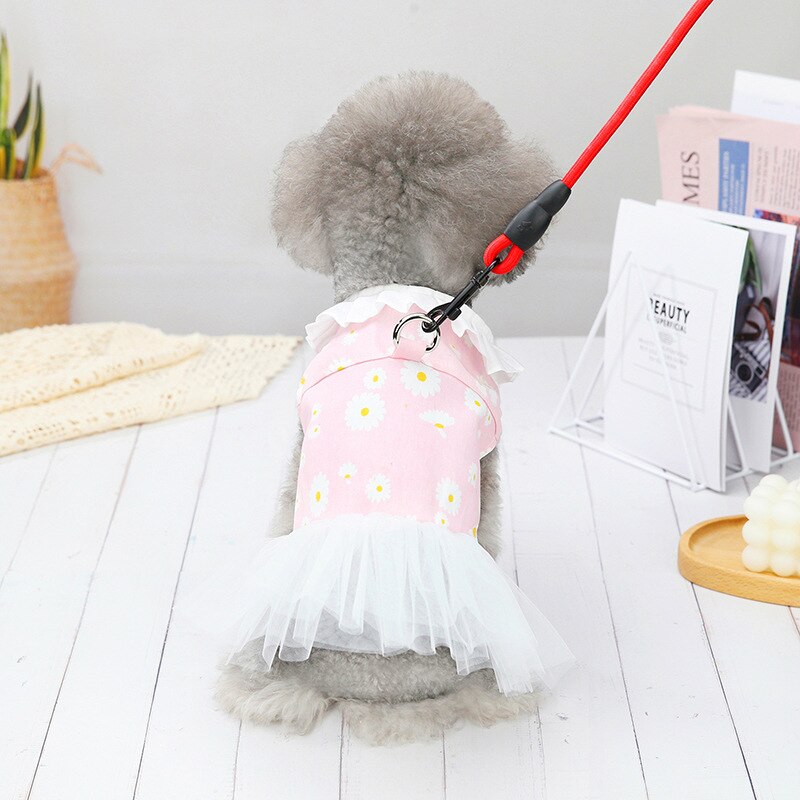 Denim Floral Print Dog Dress Gauze Dog Skirt Teddy Cute Princess Dress For Small Dogs Pet Puppy Costume Dog Clothes: Pink / S