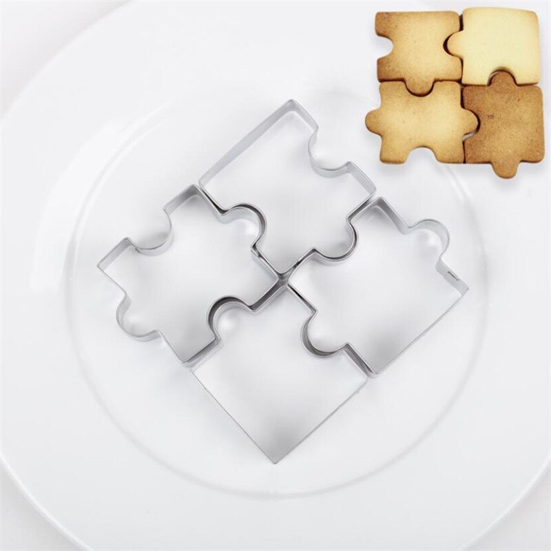 4pcs/lot Stainless Steel Cookie Cutter Mold Fondant Puzzle Piece Biscuit Stamp Silver Cookie Vegetable Fruit Pattern Cutter
